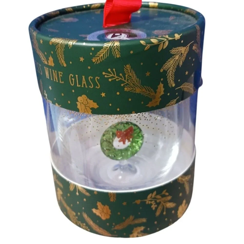 Stemless Wine Glass Christmas With Festive Green Wreath & Red Bow Design In Gift